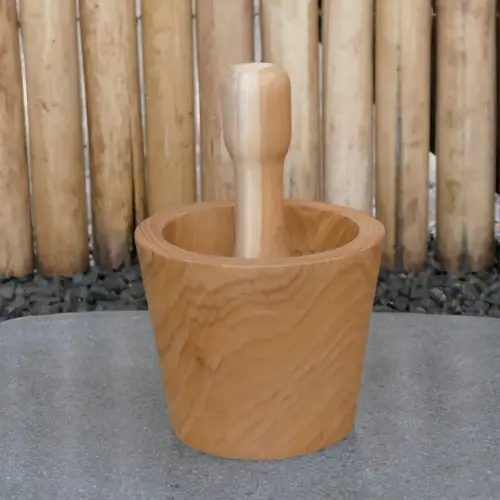 Product image of the product “Wooden mortar and pestle, made of teak wood, 13 x 10 cm ”